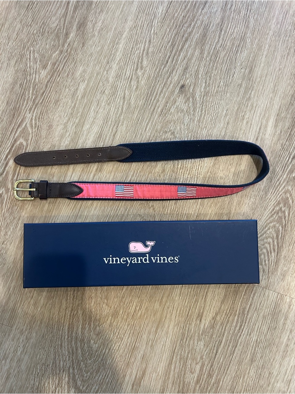 Kids Vineyard Vines Pink Belt with American Flag Embroidery